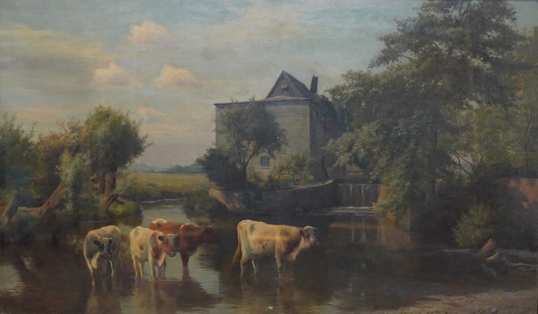 William Sidney Cooper (English, 1854-1927), Cattle watering before a water mill, oil on canvas, 45 x 75cm